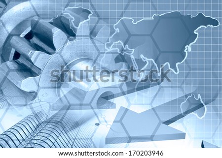 Business background in blues with map, gear and buildings.