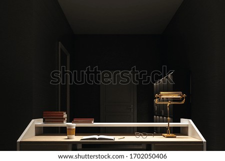 Vintage office interior with night reception desk. Workplace and lifestyle concept. Mock up, 3D Rendering