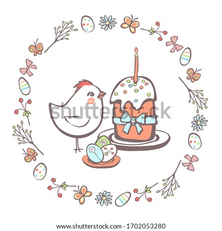 Easter cake, chicken and plate of eggs in a circle of floral and easter elements