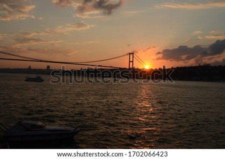 Bosphorus view and Bosphorus Bridge from the Anatolian side of Istanbul at dusk.