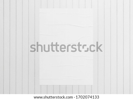 White wrinkled poster template. Isolated glued paper mockup. Blank wheatpaste   on textured wall, 3d rendering. Empty street art sticker mock up. Clear urban glued advertising canvas.