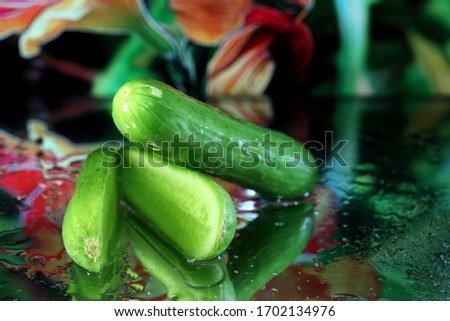 Mini cucumbers shot in macro with a colourful background, and a reflection.