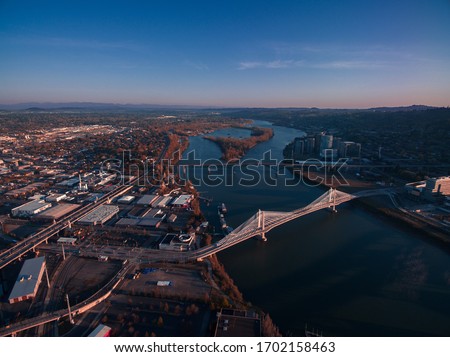 Aerial view looking out at Sauvie Island & the Tilikum Crossing bridge 