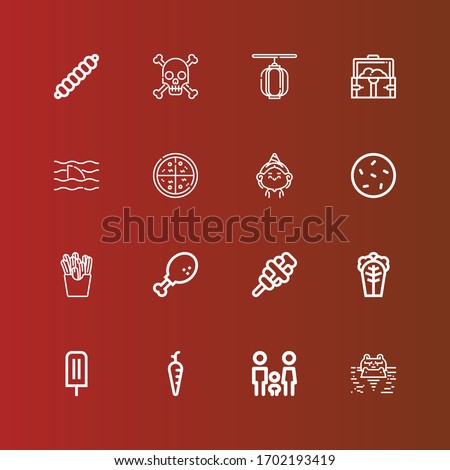 Editable 16 cartoon icons for web and mobile. Set of cartoon included icons line Hippopotamus, Family, Carrot, Ice cream, Cabbage, Chicken leg, French fries, Cookie, Birthday girl on red