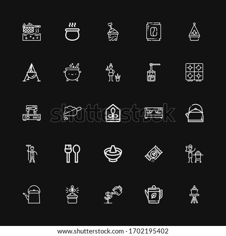 Editable 25 pot icons for web and mobile. Set of pot included icons line Cactus, Kettle, Garden, Gardening, Teapot, Ceramic, Seeds, Hot pot, Utensils, Gardener on black background