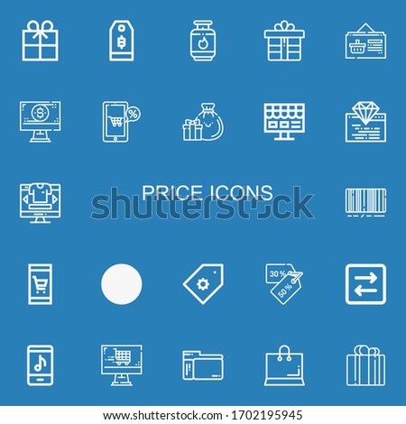 Editable 22 price icons for web and mobile. Set of price included icons line Gift, Price tag, Gas, Online shop, Gifts, Coding, Barcode, Scanner, Discounts, Transfer on blue background