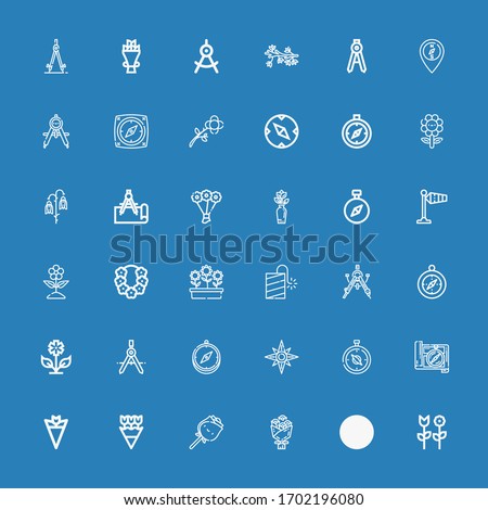 Editable 36 rose icons for web and mobile. Set of rose included icons line Flower, Compass, Bouquet, Rose, Flowers, Windrose, Petard, Wind signal on blue background