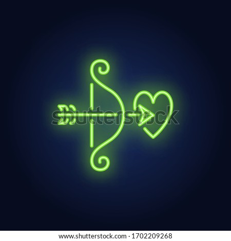 Love bow neon sign. Glowing yellow cupid bow with arrow aiming in heart on brick wall background. Vector illustration can be used for love, romantic, Saint Valentines day