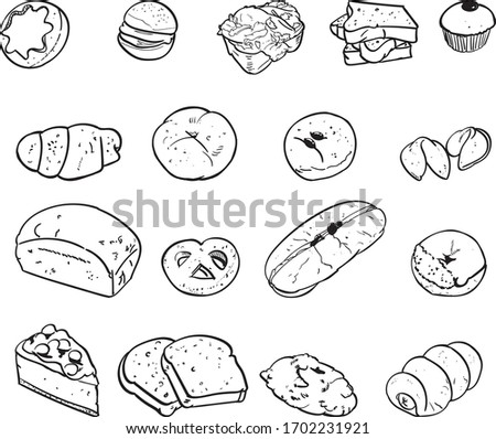 Simple set muffins, collection of cupcakes with different flavors. Hand painted muffin cookie sketch