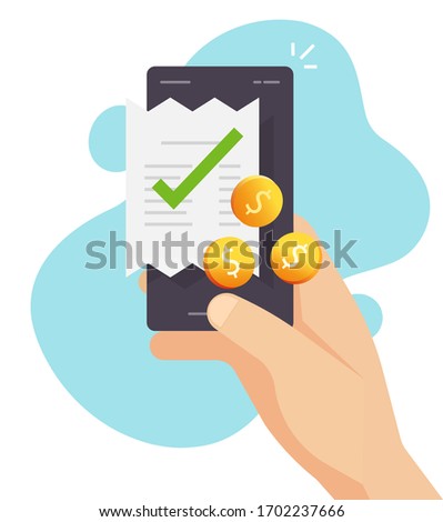 Mobile phone payment and receipt billing accounting with money or smartphone cash payment transaction vector flat cartoon illustration, cellphone pay process, cellular checkout concept