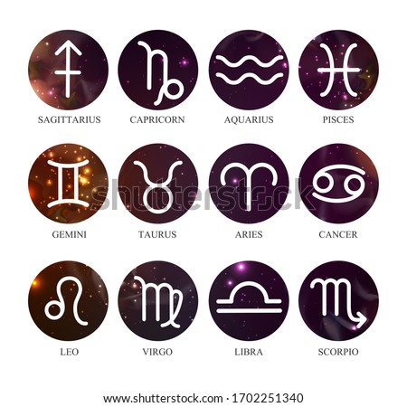 Set of astrology zodiac signs on outer space background. Vector illustration