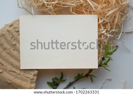 card mockup. concept photo.  stationary branding mockup with clay and fresh leaves