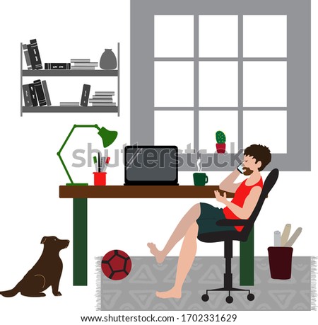 A man wearing shorts and a vest top sits at a table and works remotely in a cozy scandinavian interior. Flat concept on white background about freelancing or self- isolation during a pandemic