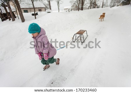 Little girl in pink jacket pulling sled on the snow
