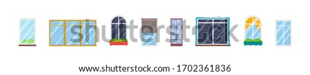 Set of realistic glass transparent plastic windows with window sills. Architectural design building. Vector collection of various types of white windows for interior and exterior use in flat style. 