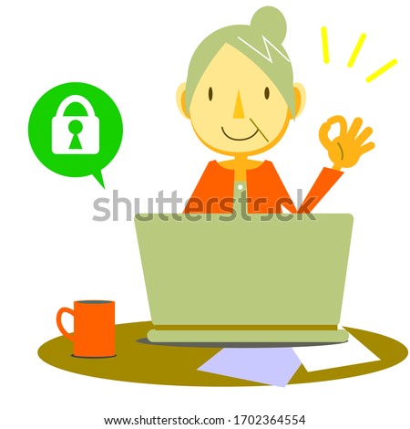 Senior woman with laptop internet security 