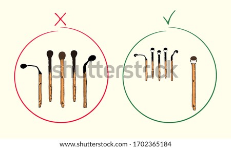 Group of half burnt safety mathes as sick people and match in medical mask keeping social distance as healthy person.Right and wrong behavior during coronavirus pandemic.Hand drawn vector illustration