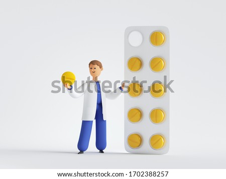 3d render. Doctor cartoon character near the big pack of yellow pills. Pharmacist holding one round pill. Medical healthcare concept. Pharmaceutical clip art isolated on white background.