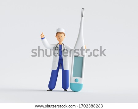 3d render, cartoon character doctor wearing uniform and stethoscope standing near the big thermometer, medical clip art isolated on white background. Blank mockup with copy space.