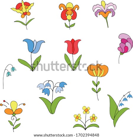 Doodle of stylized  botanical outlines for creating your bouquet design. Vector hand-drawing for easy creativity.  Vector hand draw illustration EPS10 for congratulations. 