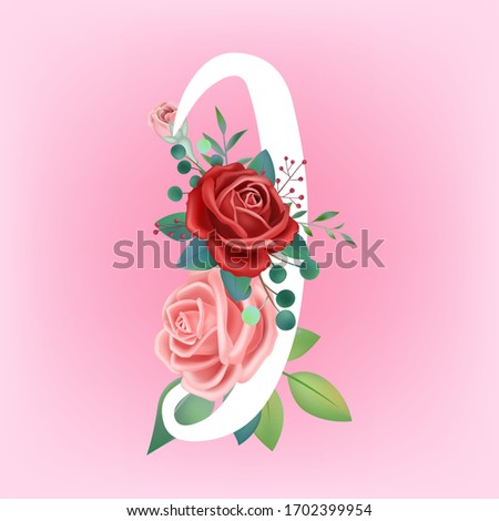 Vintage hand drawn white letter i vector illustration on pink background with rose flower leaves, spring and summer elements, elegant wedding font, blooming flowers,
