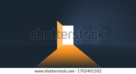 Dark Room, Light Coming In Through an Open Door - New Possibilities, Hope, Overcome Problems, Solution Finding Concept Royalty-Free Stock Photo #1702401502