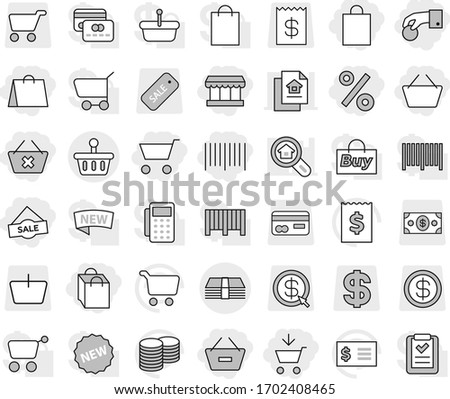 Editable thin line isolated vector icon set - cart, add to, basket, hand coin, remove from, delete, market, shopping bag, sale, percent, bar code, money, vector, stack, receipt, card, dollar, arrow