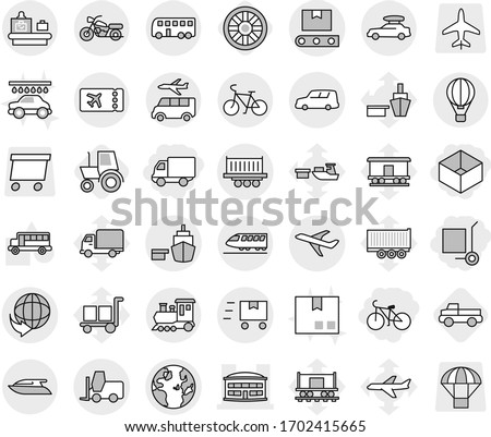 Editable thin line isolated vector icon set - box, delivery, cargo stoller, bike, airport building, globe, plane, truck shipping, car, port, fork loader, transporter tape, fast deliver, train, bus