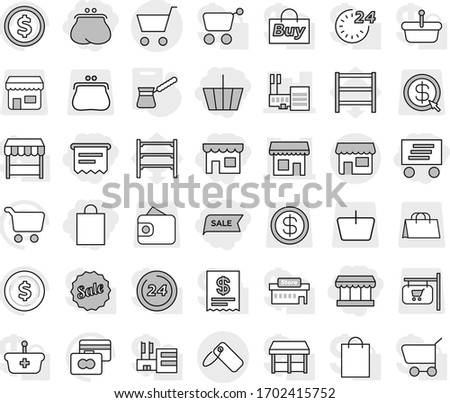 Editable thin line isolated vector icon set - basket, purse, shop, market, shopping bag, sale, delivery, atm receipt, mall, label, cart, turk, dollar coin vector, credit card, shelving, signboard