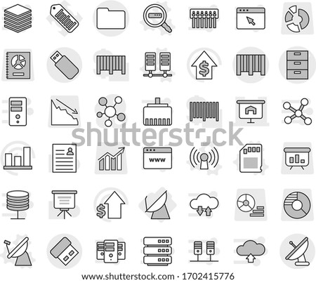 Editable thin line isolated vector icon set - archive vector, presentation, documents, bar code, satellite antenna, server, sd card, data search, personal information, graph, dollar growth, barcode