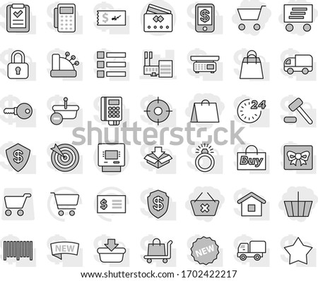 Editable thin line isolated vector icon set - cart, basket, delete, shopping bag, delivery, mall, atm, credit card, vector, receipt, gift, new, 24 hour, target, buy, barcode, reader, cashbox, home