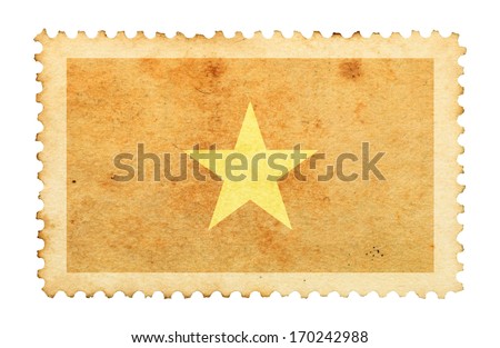 Water stain mark of Vietnam flag on an old retro brown paper postage stamp. 