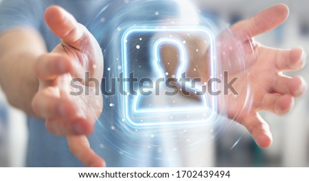 Man on blurred background using digital blue holographic user interface 3D rendering