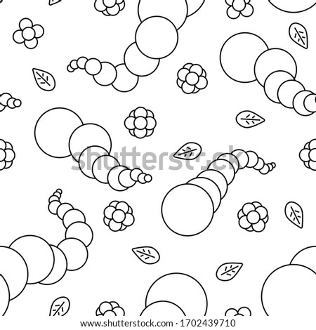 Seamless doodle doodle background, caterpillar, flowers, leaves. Vector illustration flat design.