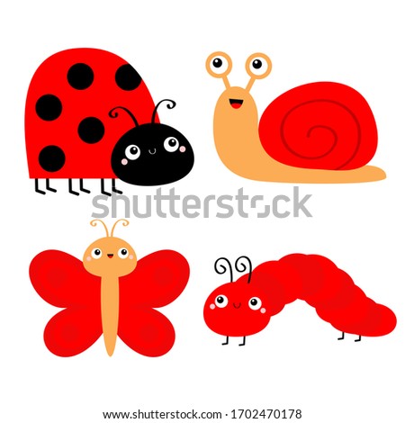 Red insect icon set. Butterfly, caterpillar, ladybug ladybird, snail, lady bug. Cute cartoon kawaii funny character. Smiling face. Flat design. Baby clip art. White background. Isolated