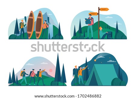 Eco tourism and eco traveling concept set. Eco friendly tourism in wild nature, Hicking and canoeing. Tourist with backpack and tent. Vector illustration. Royalty-Free Stock Photo #1702486882
