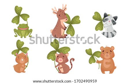 Cartoon Animals with Clover Leaf on Stalk Vector Set