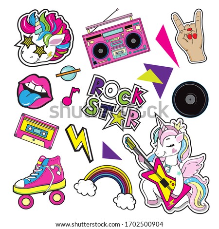 Fashion patch badges with a tape recorder, a unicorn with a guitar, lips, hands on a white background. Pop Art elements. Vector illustration for children