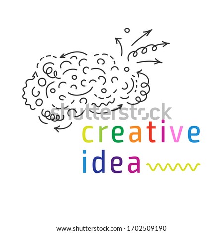 Vector hand-drawn image of a human brain with curls, arrows, lines and other symbols, drawn on a white background. Creative illustration for the logo of innovative thinking, new ideas, brainstorming.