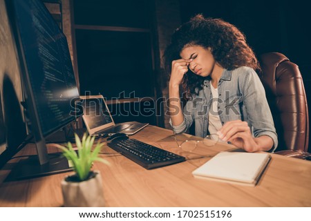 Profile side photo depressed stressed afro american girl web administrator freelancer entrepreneur sit evening table have computer work database framework server error in workplace workstation