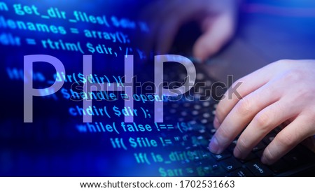 Programming in PHP. Hypertext Preprocessor. A programming language for developing web applications. Interpreted programming language. Creating dynamic websites. PHP scripting language.  Royalty-Free Stock Photo #1702531663