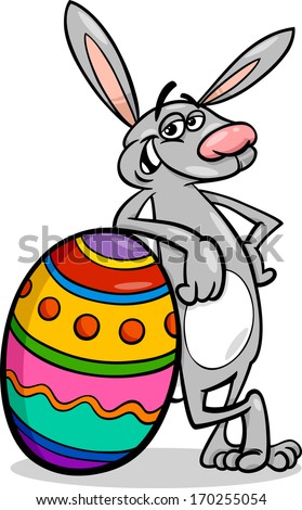 Cartoon Vector Illustration of Funny Easter Bunny with Colored Egg