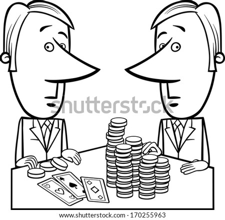 Black and White Concept Cartoon Illustration of Two Businessmen or Politicians playing Poker