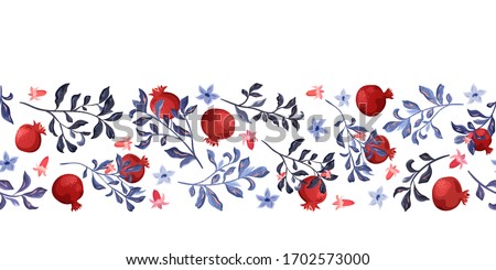 Seamless pattern, border from branches and pomegranate fruits on a white background. Royalty-Free Stock Photo #1702573000