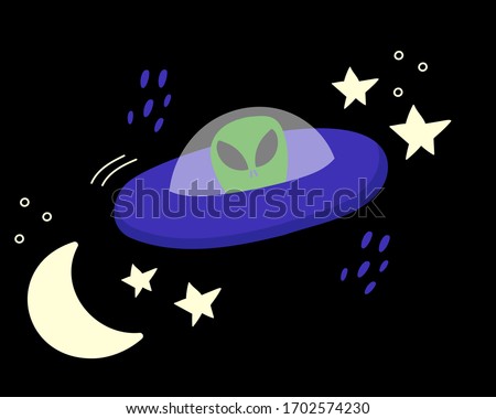 UFO in a spaceship. Stars and crescent. Hand drawn vector illustration.