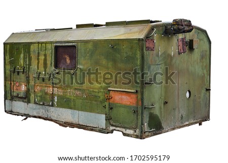 Green metal cabin. Old cabin for builders isolated on white background. Cabin house of gas service. No logo. Translation - Gas emergency service