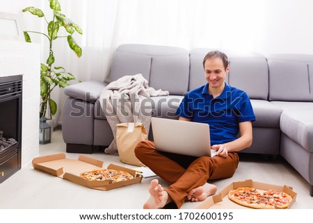 Man using laptop for online food order during quarantine, closeup. Delivery service