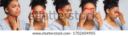 Composite image of african lady having pain in different parts of her head, panorama Royalty-Free Stock Photo #1702604905