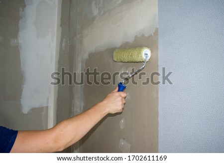 Wall primer before wallpaper gluing. Hand with repair tool. Royalty-Free Stock Photo #1702611169