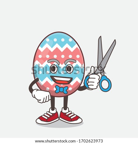 An illustration of Easter Egg cartoon mascot character as smiling barber with scissors on hand